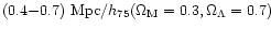 $(0.4{-}0.7)~{\rm Mpc}/h_{75} (\Omega_{\rm M}=0.3, \Omega_\Lambda = 0.7)$