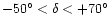 $-50^\circ< \delta<+70^\circ$