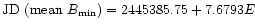 ${\rm JD~ (mean}~ B_{\rm min}) = 2445385.75 + 7.6793E$