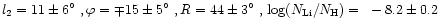 $l_{2} = 11\pm6\hbox{$^\circ$ }, \varphi = \mp15\pm5\hbox{$^\circ$ }, R =
44\pm3\hbox{$^\circ$ },\\
\log(N_{\rm Li}/N_{\rm H})=~-8.2\pm0.2 $