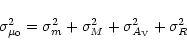 \begin{displaymath}\sigma^2_{\mu_{\rm0}} = \sigma^2_m + \sigma^2_M + \sigma^2_{A_{\rm V}} + \sigma^2_R
\end{displaymath}