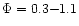 $\Phi=0.3{-}1.1$