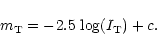 \begin{displaymath}m_{\rm T} = -2.5\,\log(I_{\rm T}) + c.
\end{displaymath}