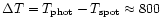 $\Delta T =T_{\rm phot}-T_{\rm spot}\approx
800$