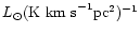${L}_{\odot}({\rm K~km~s}^{-1} {\rm
pc}^2)^{-1}$