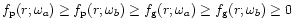 $f_{\rm p}(r;\omega_a) \ge f_{\rm p}(r;\omega_b) \ge f_{\rm g} (r;\omega_a) \ge f_{\rm g} (r;\omega_b) \ge 0 $