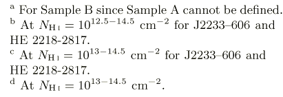 $\textstyle \parbox{7cm}{
$^{{\rm a}}$\space For Sample B since Sample A cannot ...
....\\
$^{{\rm d}}$\space At $N_H{\sc i} = 10^{13-14.5} \ {\rm cm}^{-2}$ .
}$