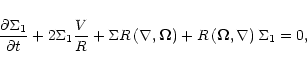 \begin{displaymath}
{\partial \Sigma_1 \over \partial t} + 2\Sigma_1 {V \over R}...
... \right) + R \left( \vec \Omega,
\nabla \right) \Sigma_1 = 0,
\end{displaymath}