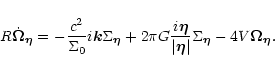 \begin{displaymath}R\dot{\vec\Omega}_{\vec\eta} =
- \frac{c^2}{\Sigma_0}i\vec k ...
...ert\vec\eta\vert}\Sigma_{\vec\eta}
- 4V\vec\Omega_{\vec\eta}.
\end{displaymath}