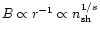 $B \propto r^{-1} \propto n_{\rm sh}^{1/s}$