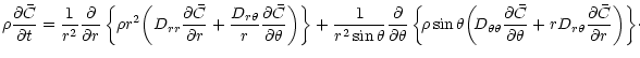 $\displaystyle \rho {\partial \bar{C} \over \partial t}
={1\over r^2}
{\partial ...
...theta} + r D_{r\theta} {\partial
\bar{C} \over \partial r}\bigg)\right\}\!\cdot$