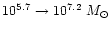 $10^{5.7}\rightarrow10^{7.2}~M_\odot$