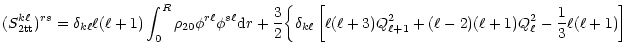 $\displaystyle (S^{k\ell}_{\rm 2tt})^{rs}=\delta_{k\ell} \ell(\ell+1)
\int^R_0\r...
...ell(\ell+3)Q^2_{\ell+1}+(\ell-2)(\ell+1)Q^2_\ell
-{1\over 3}\ell(\ell+1)\right]$