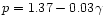 $p=1.37 - 0.03 \gamma$