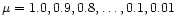 $\mu=1.0,0.9,0.8,\ldots,0.1,0.01$