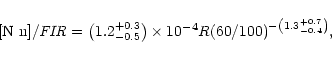\begin{displaymath}[{\rm N{\sc ~}{\i\i}}]/{\it FIR} = \left(1.2_{-0.5}^{+0.3} \r...
... \times 10^{-4}
R(60/100)^{-\left(1.3_{-0.4}^{+0.7} \right)},
\end{displaymath}