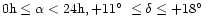 ${\rm0h} \leq \alpha < {\rm 24h},
+11\hbox{$^\circ$ }\leq \delta \leq +18\hbox{$^\circ$ }$