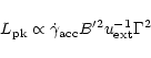 \begin{displaymath}
L_{\rm pk}\propto\dot{\gamma}_{\rm acc}B'^2u^{-1}_{\rm
ext}\Gamma^{2}
\end{displaymath}