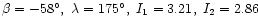$\beta=-58^\circ,\ \lambda=175^\circ,\ I_1=3.21,\ I_2=2.86$