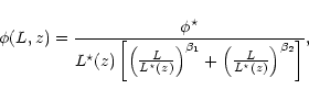 \begin{displaymath}\phi(L,z)=\frac{\phi^\star}{
L^\star(z)\left[
\left(\frac{L}{...
...beta_1}+
\left(\frac{L}{L^\star(z)}\right)^{\beta_2}
\right]},
\end{displaymath}
