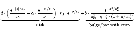 $\displaystyle \underbrace{d\cdot\left( \frac{{\rm e}^{-\vert z\vert/z_0}}{z_0}
...
...ta\cdot\zeta\cdot\left(1+a/a_{\rm c} \right)^q}}_{\textrm{bulge/bar with cusp}}$