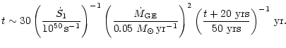 $\displaystyle t\sim 30
\left( {{\dot S_1}\over{10^{50} \,\rm {s}^{-1}}} \right)...
...ht)^2 \left( {{t + 20 ~\rm {yrs}}\over{50 ~\rm {yrs}}} \right)^{-1}
\,\rm {yr}.$