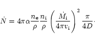 \begin{displaymath}\dot N = 4 \pi \alpha
{{n_{\rm e}}\over{\rho}} {{n_{\rm i}}\o...
...m i}}\over{4 \pi v_{\rm i}}} \right)^2
{{\pi}\over{4 D}}\cdot
\end{displaymath}