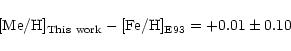 \begin{displaymath}[{\rm Me/H}]_{\rm This~ work} -
[{\rm Fe/H}]_{\rm E93}
=+0.01\pm 0.10\end{displaymath}
