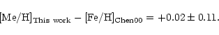 \begin{displaymath}[{\rm Me/H}]_{\rm This~ work} -
[{\rm Fe/H}]_{\rm Chen00} = +0.02 \pm 0.11.
\end{displaymath}