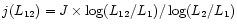 $j(L_{\rm 12})=J\times \log (L_{\rm 12}/L_1)/\log(L_2/L_1)$