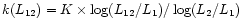 $k(L_{\rm 12})=K\times \log (L_{\rm 12}/L_1)/\log(L_2/L_1)$