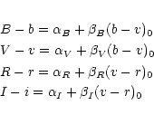 \begin{eqnarray*}&&\hspace*{-3.5mm}B-b = \alpha_{B} + \beta_{B}(b-v)_{0}\\
&&\h...
...)_{0}\\
&&\hspace*{-3.5mm}I-i = \alpha_{I} + \beta_{I}(v-r)_{0}
\end{eqnarray*}