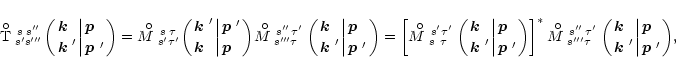 \begin{displaymath}
{ {{\rm T}\raise7.5pt\hbox{\hskip-6pt$\circ$ }_{s's'''}
^{\r...
...t{\mbox{\boldmath$p$ }\;\atop\mbox{\boldmath$p$ }'}\biggr) } ,
\end{displaymath}