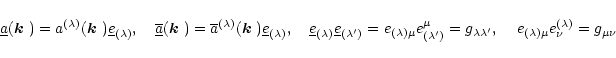 \begin{displaymath}
\underline{a}(\mbox{\boldmath$k$ })=a^{(\lambda)}(\mbox{\bol...
...lambda'}, \quad \,e_{(\lambda)\mu}e^{(\lambda)}_\nu=g_{\mu\nu}
\end{displaymath}