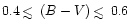 $0.4\,\rlap{$<$ }{\lower 1.0ex\hbox{$\sim$ }}\,(B-V)\,\rlap{$<$ }{\lower 1.0ex\hbox{$\sim$ }}\,0.6$