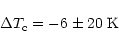 \begin{displaymath}\Delta T_{\rm c} = -6 \pm 20 \mkern6mu {\rm K}
\end{displaymath}
