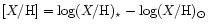 $[X/{\rm H}] = \log (X/{\rm H})_{\star} - \log (X/{\rm H})_{\odot}$