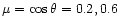 $\mu = \cos \theta = 0.2, 0.6$