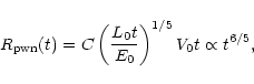 \begin{displaymath}%
R_{\rm pwn}(t)=C\left({L_0t\over E_0}\right)^{1/5}V_0t\propto t^{6/5},
\end{displaymath}