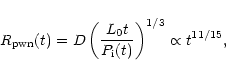 \begin{displaymath}%
R_{\rm pwn}(t)= D \left({L_{0} t\over P_{\rm i}(t)}\right)^{1/3}
\propto t^{11/15} ,
\end{displaymath}