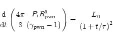 \begin{displaymath}{{\rm d}\over {\rm d}t}\left({4\pi\over 3}
{P_{\rm i}R_{\rm p...
...a_{\rm pwn} -1)}\right) =
{L_0\over\left( 1+{t/\tau}\right)^2}
\end{displaymath}