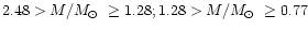 $2.48 > M/\mbox{$M_{\odot}$ }\ge 1.28; 1.28 > M/\mbox{$M_{\odot}$ }\ge 0.77$