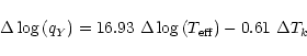 \begin{displaymath}\Delta \log\left(q_{Y}\right)= 16.93~\Delta \log\left(T_{{\rm eff}}\right) -
0.61~\Delta T_{k}
\end{displaymath}