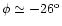 $\phi \simeq -26^{\rm o}$