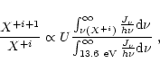 \begin{displaymath}{ X^{+i+1} \over X^{+i}} \propto U {{\int_{\nu(X^{+i})}^{\inf...
...{\rm 13.6~ eV}^{\infty}{
{J_\nu} \over {h\nu}} {\rm d}\nu }}~,
\end{displaymath}