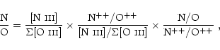 \begin{displaymath}{\rm N \over O}= {[\mbox{N {\sc iii}}] \over {\Sigma[\mbox{O ...
...}]}}} \times
{{\rm N / O} \over {\rm N^{++} / {\rm O^{++}}}}~,
\end{displaymath}