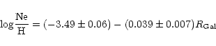 \begin{displaymath}{\rm log {Ne \over H} } = (-3.49 \pm 0.06) - (0.039 \pm 0.007){R_{\rm Gal}}~~
\end{displaymath}