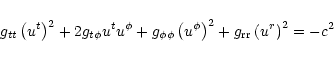 \begin{displaymath}g_{tt} \left( u^t \right)^2
+ 2 g_{t\phi} u^t u^\phi
+ g_{\...
...left(u^\phi\right)^2
+ g_{\rm rr} \left(u^r\right)^2
= -c^2
\end{displaymath}