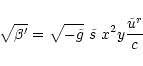 \begin{displaymath}\sqrt{\beta'} =
\sqrt{-\tilde{g}}\ \tilde{s}\ x^2 y \frac{\tilde{u}^r}{c}
\end{displaymath}