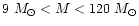 $ 9~M_{\odot} < M < 120~M_{\odot}$